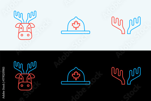 Set line Deer antlers, head with and Canadian ranger hat icon. Vector
