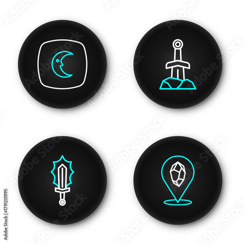 Set line Magic stone, sword in fire, Sword the and Moon and stars icon. Vector