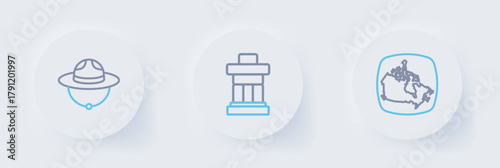 Set line Canada map, Inukshuk and Canadian ranger hat icon. Vector