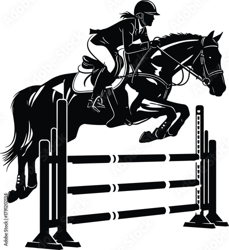 Equestrian show jumping silhouette, horse and rider vector, sport icon, athletic leap, black illustration, competition design, dynamic motion, riding concept