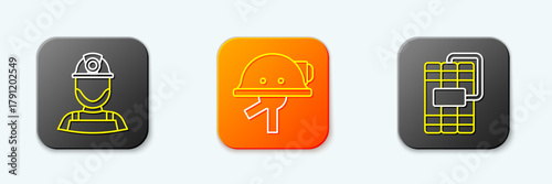 Set line Miner in a helmet, and Dynamite icon. Vector