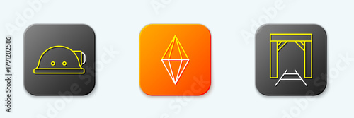 Set line Miner helmet, Gem stone and entrance icon. Vector