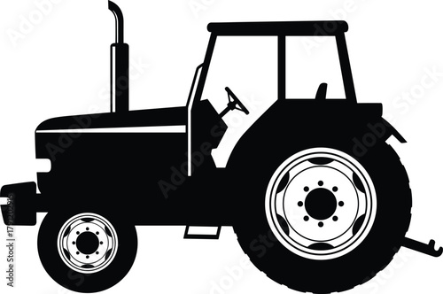 Tractor silhouette illustration, farm vehicle vector, black artwork, agricultural machinery icon, rural equipment design, side profile concept, field work theme