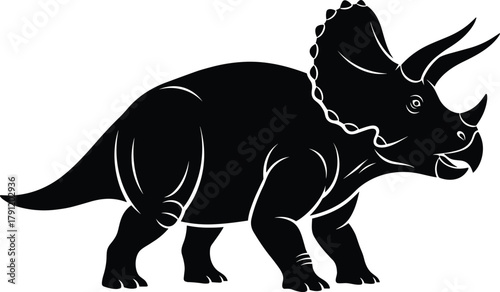 Triceratops silhouette illustration, dinosaur vector, prehistoric animal icon, black artwork, fossil species design, horned creature, paleontology concept