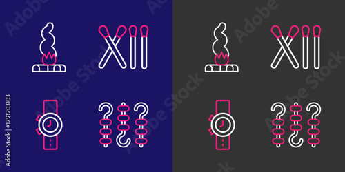 Set line Grilled shish kebab on skewer, Wrist watch, Match stick and Campfire icon. Vector