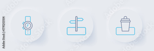 Set line Trash can, Road traffic sign and Wrist watch icon. Vector