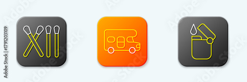 Set line Match stick, RV motorhome vehicle and Lighter icon. Vector
