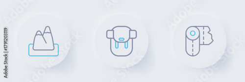 Set line Paper towel roll, Hiking backpack and Mountains icon. Vector