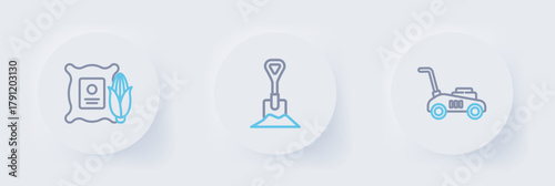 Set line Lawn mower, Shovel in the ground and Corn sack icon. Vector