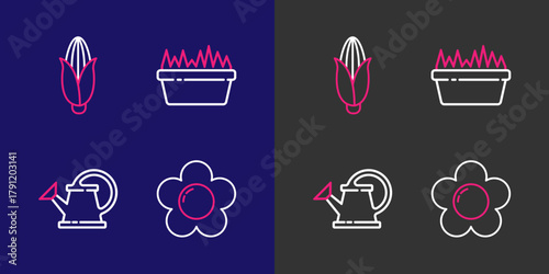 Set line Flower, Watering can, Fresh grass rectangular and Corn icon. Vector