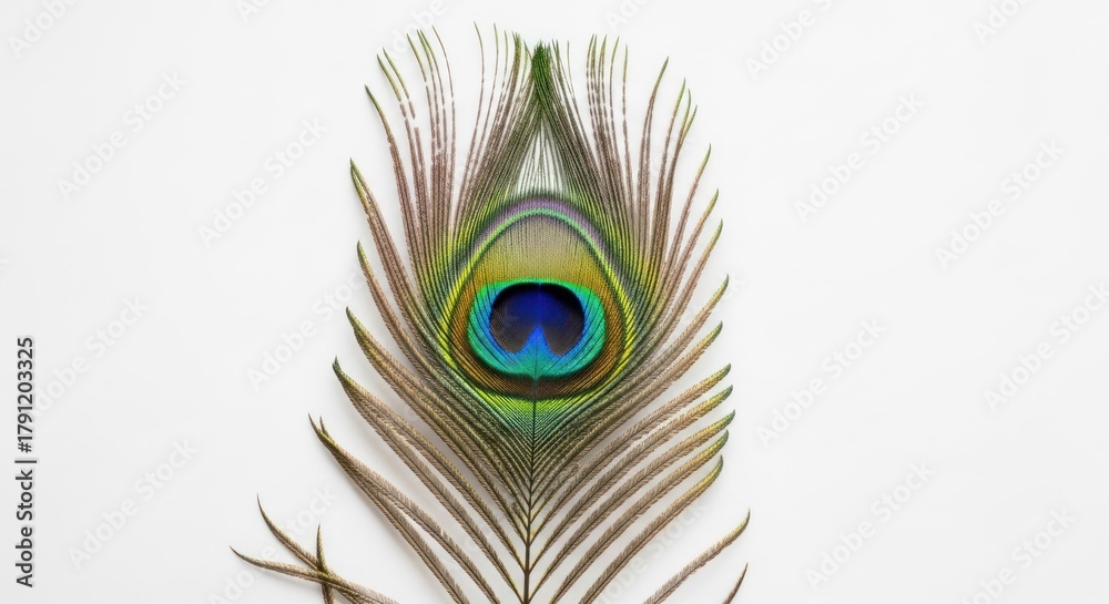 Obraz premium Vibrant iridescent peacock feather with a blue-green eye, isolated on a clean white background