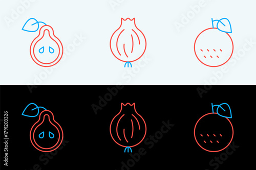 Set line Orange fruit, Pear and Garlic icon. Vector