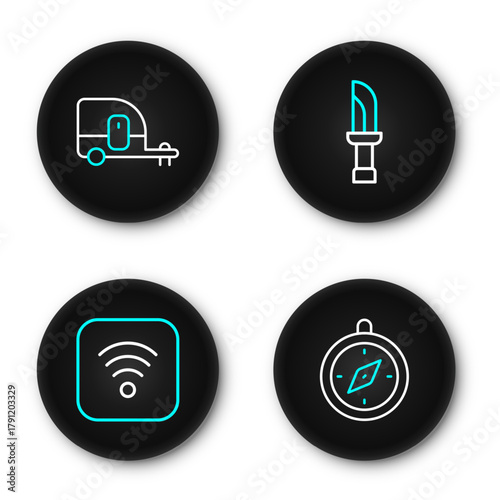 Set line Compass, Wi-Fi wireless internet, Knife and Rv Camping trailer icon. Vector
