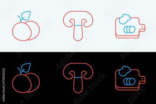 Set line Cutting board with vegetables, Mango fruit and Mushroom icon. Vector