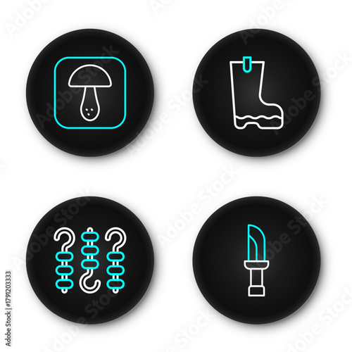 Set line Knife, Grilled shish kebab on skewer, Waterproof rubber boot and Mushroom icon. Vector