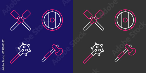Set line Wooden axe, Mace with spikes, Shield viking and Oars or paddles boat icon. Vector