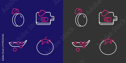 Set line Tomato, Peas, Cutting board with vegetables and Plum fruit icon. Vector