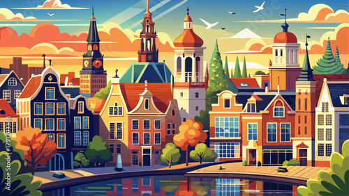 Very beautiful panoramic view of the St. Nicolas Church in the center of Amsterdam, Netherlands, surrounded by charming historic buildings and canals under a bright European sky.