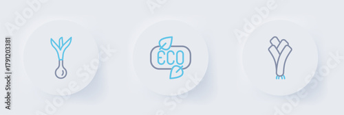 Set line Leek, Leaf Eco symbol and Onion icon. Vector