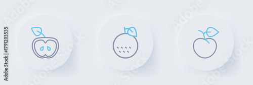 Set line Peach fruit or nectarine, Orange and Apple icon. Vector