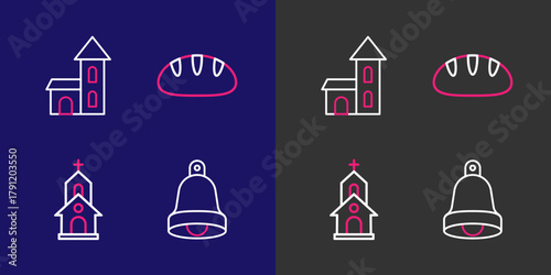 Set line Church bell, building, Christian bread and icon. Vector