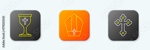 Set line Christian chalice, Pope hat and cross icon. Vector