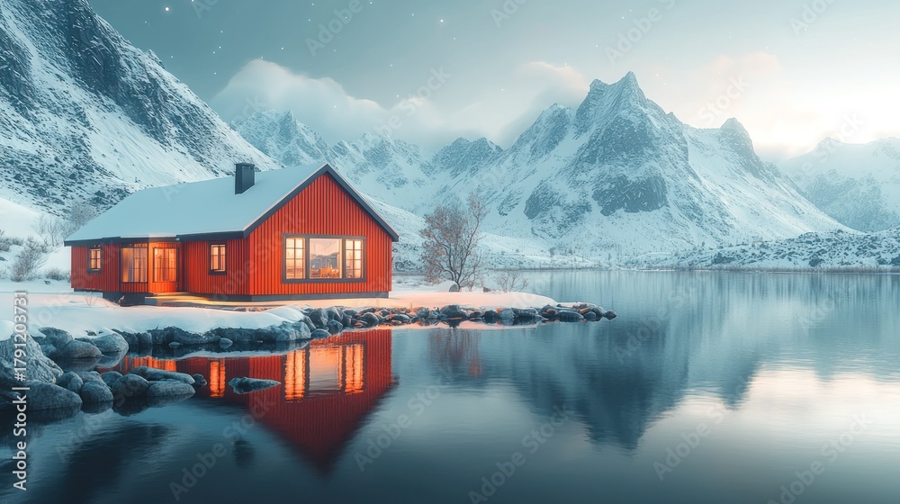 Fototapeta premium Warm red house by a still, reflective lake, framed by dramatic snowy mountains
