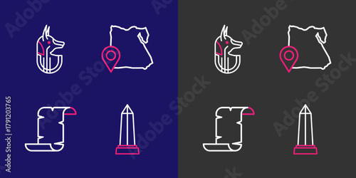 Set line Obelisk of Alexandria, Papyrus scroll, Map Egypt and Egyptian anubis icon. Vector