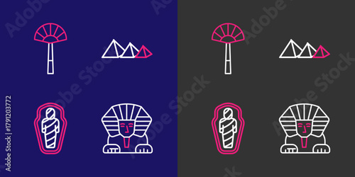 Set line Sphinx, Egypt mummy sarcophagus, pyramids and Egyptian fan icon. Vector
