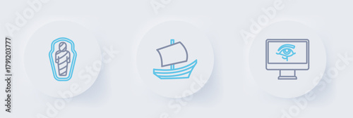 Set line Eye of Horus on monitor, Egyptian ship and mummy in sarcophagus icon. Vector