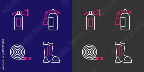Set line Fire boots, hose reel, extinguisher and icon. Vector