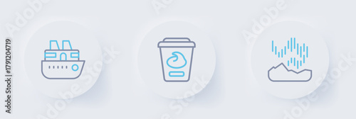 Set line Northern lights, Yogurt container and Cruise ship icon. Vector