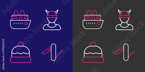 Set line Swiss army knife, Beanie hat, Viking head and Cruise ship icon. Vector