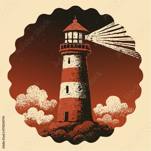 beacon at dusk: vintage scallop medallion lighthouse, guiding light emblem, nautical nostalgia seal
