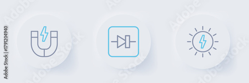 Set line Solar energy panel, Diode in electronic circuit and Magnet icon. Vector