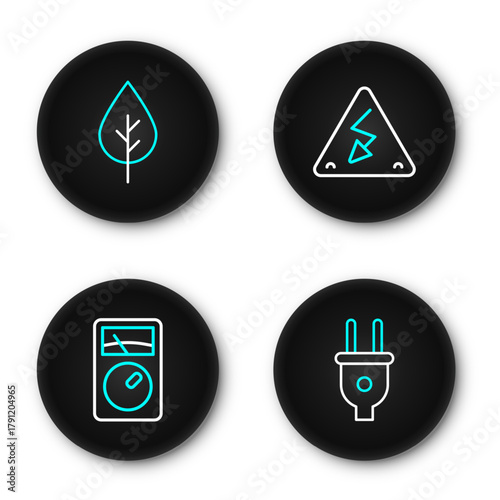 Set line Electric plug, Ampere meter, multimeter, High voltage and Leaf Eco symbol icon. Vector