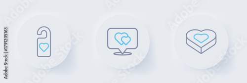 Set line Candy in heart shaped box, Location with and Please do not disturb icon. Vector