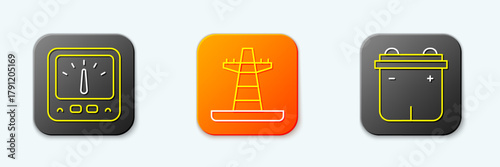 Set line Ampere meter, multimeter, Electric tower line and Car battery icon. Vector