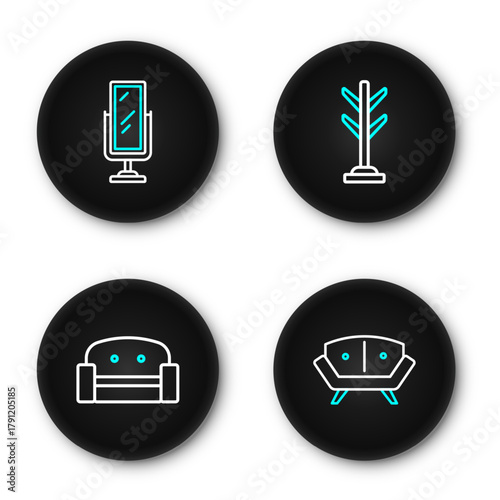 Set line Sofa, Armchair, Coat stand and Big full length mirror icon. Vector