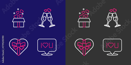 Set line Speech bubble text I love you, Candy in heart shaped box, Glass of champagne and Gift with hearts icon. Vector