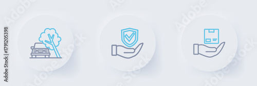 Set line Delivery insurance, Shield hand and Car damaged by fallen tree icon. Vector