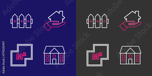 Set line House, plan, Realtor and Garden fence wooden icon. Vector