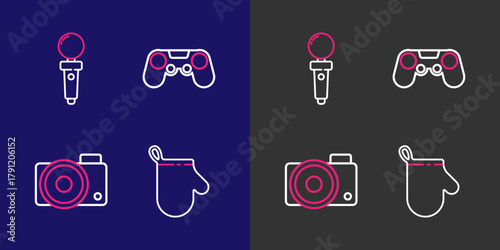 Set line Oven glove, Photo camera, Gamepad and Joystick for arcade machine icon. Vector