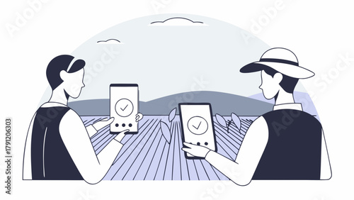 An illustration of two farmers using smartphones with checkmarks in a field, showcasing the concept of smart farming and modern agritech