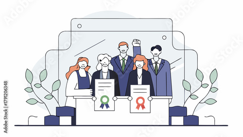 Vector illustration of a diverse group of political and business leaders presenting a social pact or collective agreement with certificates