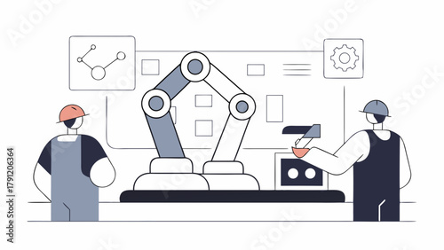Illustration of engineers and a robotic arm on a production line, symbolizing industrial automation in a modern smart factory