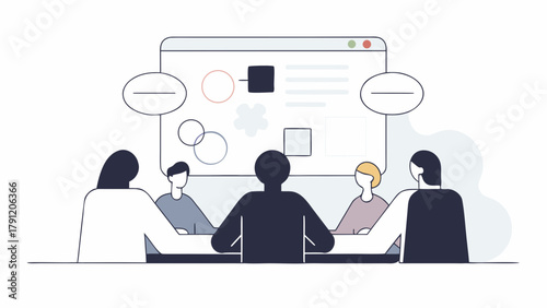 Vector art illustration of a corporate team in a strategic meeting, collaborating on a digital project and discussing user interface design