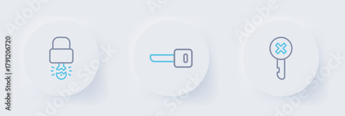 Set line Wrong key, Key and broke inside of padlock icon. Vector