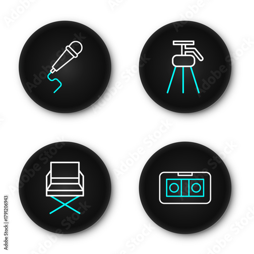 Set line VHS video cassette tape, Director movie chair, Tripod and Microphone icon. Vector