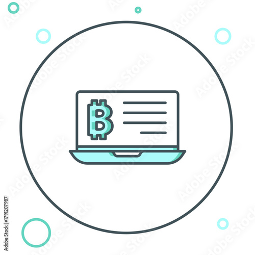 Line Mining bitcoin from laptop icon isolated on white background. Cryptocurrency mining, blockchain technology service. Colorful outline concept. Vector
